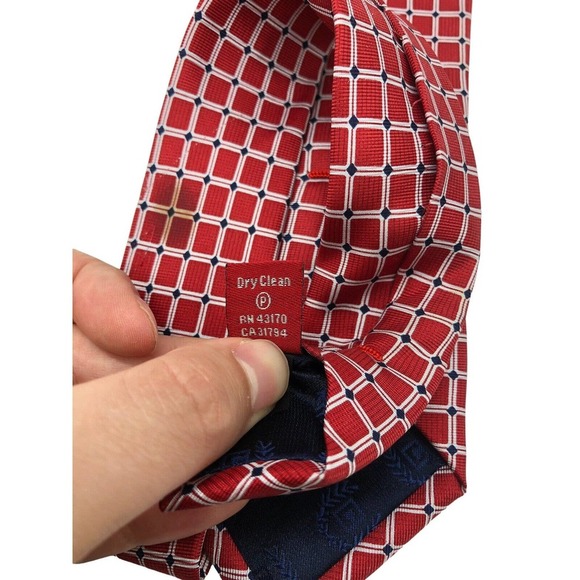 Ralph Lauren Chaps Necktie Tie Red Geometric Square Grid Pattern White Blue Silk - Picture 7 of 7